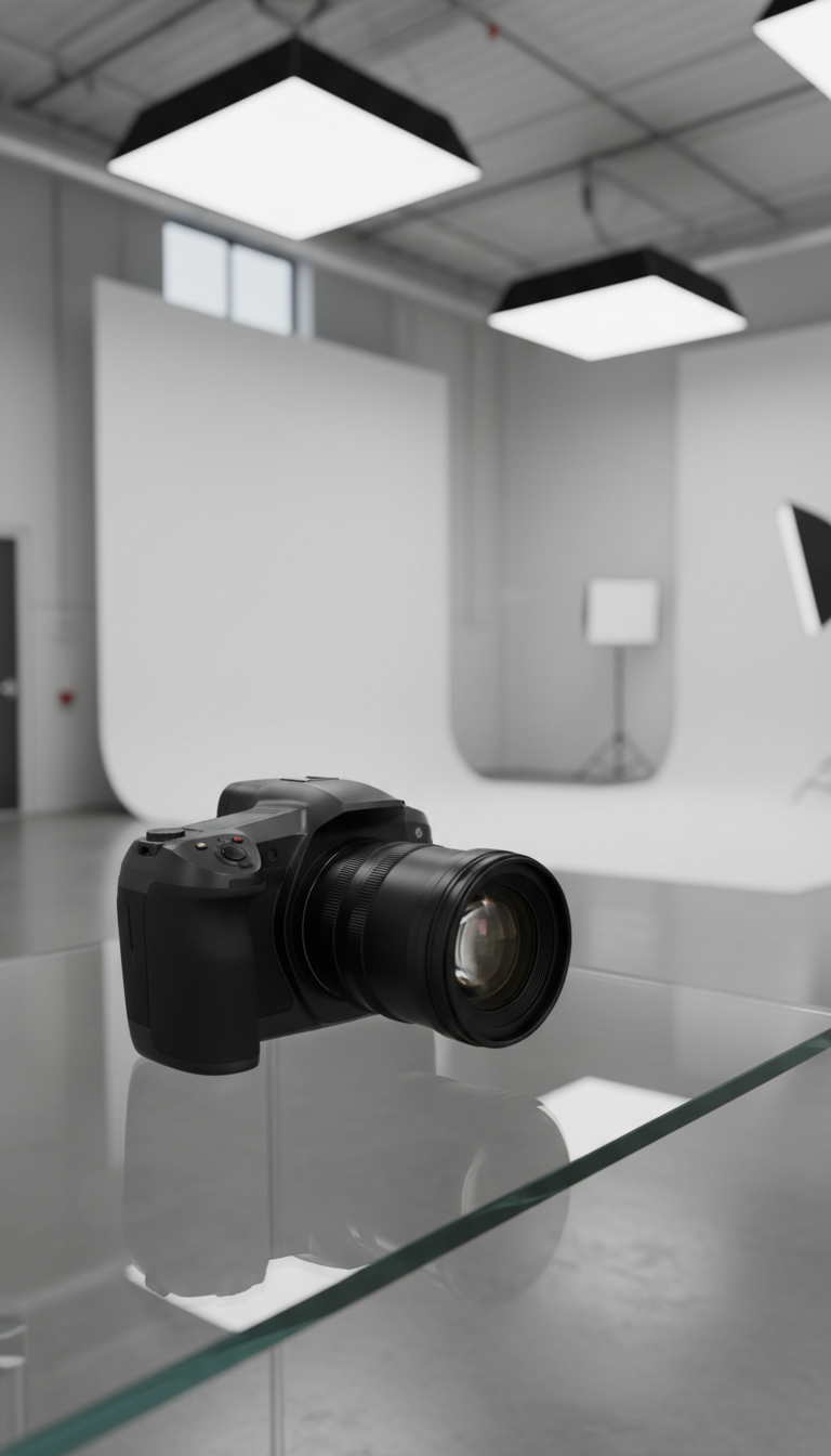 A sleek, high-resolution digital camera with a matte black finish and detailed lens elements, resting atop a minimalist glass table. Reflections glimmer subtly beneath, set within a spacious, well-lit modern studio. Overhead softbox lights create gentle, even illumination, delivering crisp highlights along the camera body while casting faint shadows on the tabletop. The overall mood is innovative and professional, capturing the essence of state-of-the-art technology. Photographed from an eye-level, slightly off-center perspective with a shallow depth of field, focusing sharply on the camera while the background remains softly blurred. The artistic style is clean, modern, and rooted in photographic realism, showcasing the intersection of AI photography and technical artistry for a compelling portfolio introduction.