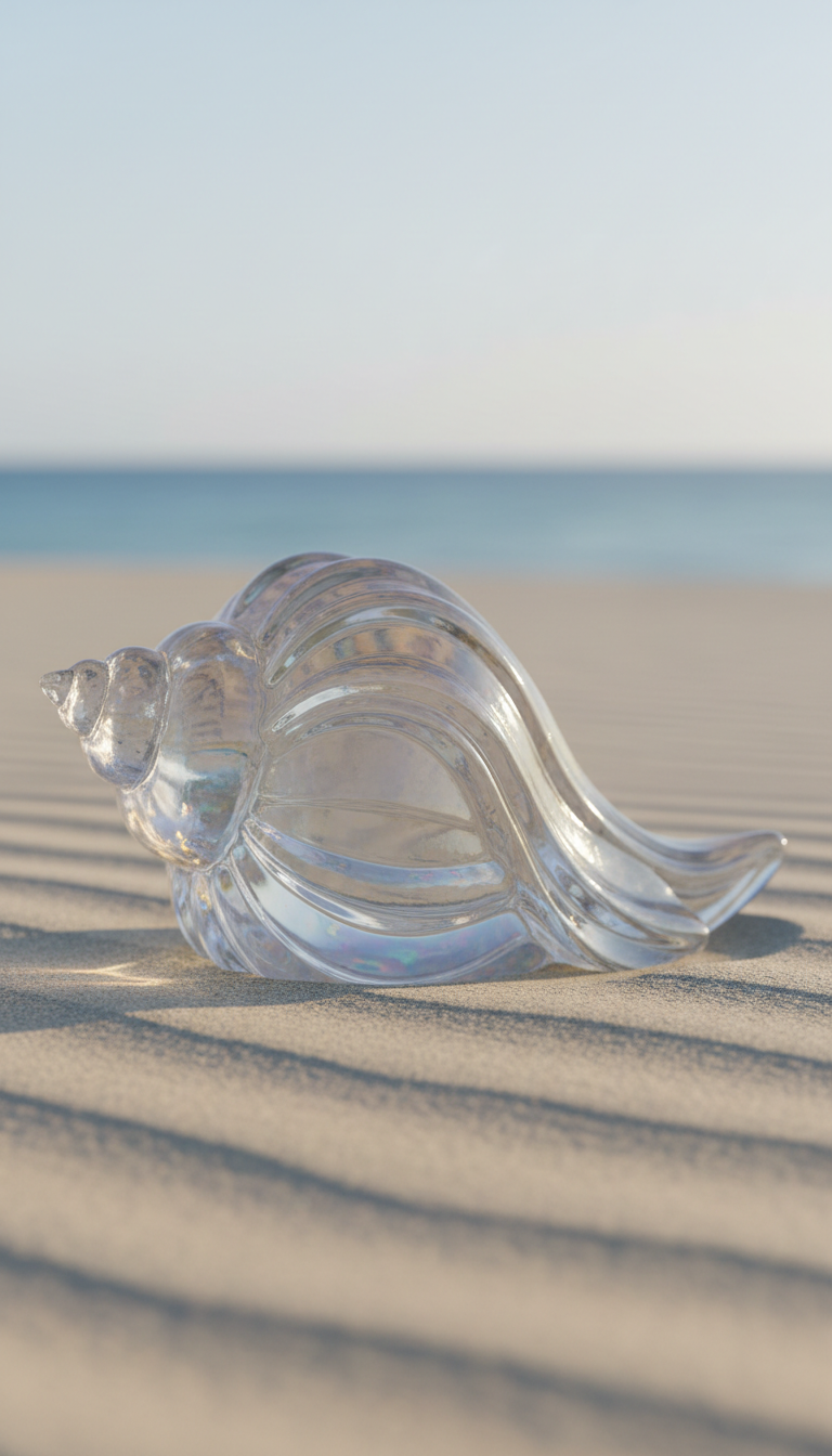 An intricately detailed translucent seashell sculpture made of smooth, iridescent glass, positioned on a windswept expanse of pale sand. The ocean’s soft blue gradient shimmers in the blurred distance beneath a clear sky. Gentle late afternoon sunlight refracts through the shell, scattering subtle rainbow patterns and delicate highlights across its contours, creating a luminous, almost magical effect. The mood is serene and enrapturing, evoking curiosity and discovery. Captured from a low, close-up angle, with the shell in sharp focus and the background elegantly bokeh’d. The composition emphasizes organic form and clean minimalism, evoking the mythical “Siren of the Sea” theme and demonstrating how AI-generated photography can infuse everyday objects with ethereal beauty.