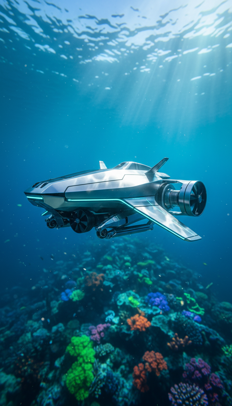 A highly detailed, futuristic underwater drone shimmering with brushed metal and subtle LED accents, suspended mid-water near a coral reef backdrop. Surrounding coral formations display vibrant colors and textures, rendered in meticulous detail but softly out of focus. Shafts of filtered, turquoise-blue sunlight pierce the water’s surface above, casting dynamic ripples and luminous highlights on the drone’s body. The mood is adventurous and technologically inspired, with a sense of silent exploration. Captured from a slightly below, wide-angle lens, emphasizing depth and scale while maintaining clarity on the drone. The aesthetic is clean and modern, bridging AI photography with oceanic exploration in a visually captivating manner suited to the site’s niche portfolio.
